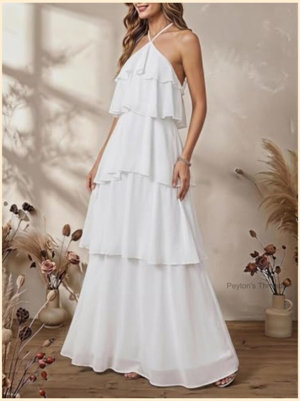 Ruffle Halter Backless Flowy Maxi Wedding Guest Dress - Picture 4 of 5